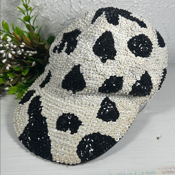 JC Sequin Black and White/ Cream Hat Elastic Back Cowhide or Dalmatian Pattern - Picture 14 of 14